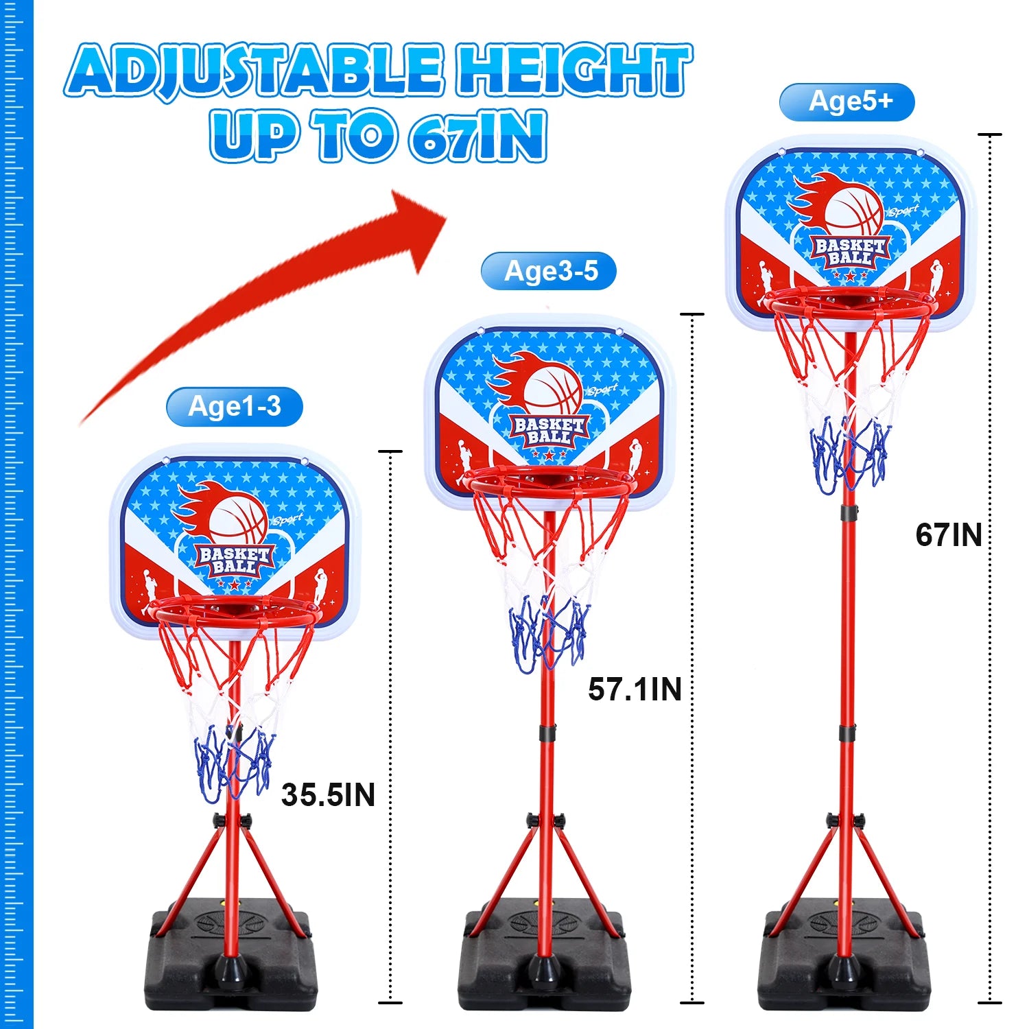 Kids Basketball Hoop Adjustable Height 2.9 Ft-6.2 Ft, Toddler Basketball Hoop Indoor Outdoor Portable Kids Basketball Goal Toys for Boys Girls Gift