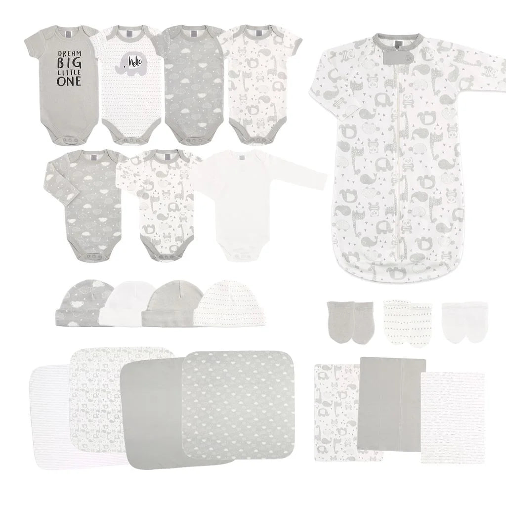 Newborn Baby Layette Gift Set for Boys and Girls, Shower Gift Essentials, Grey Sleepy Elephants