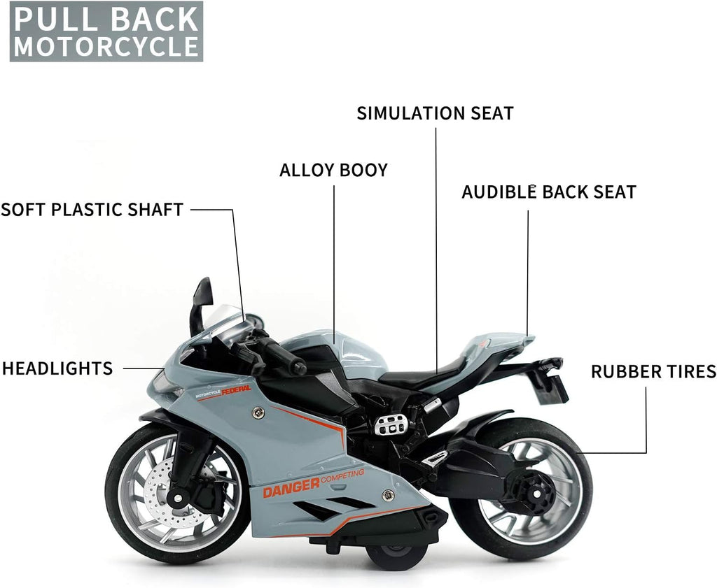 Toy Motorcycle-Pull Back Motorcycle Toy with Sounds and Lights,1:12 Scale Motorcycle Model Toy for Kids, Pull Back Vehicle Boys Kids for Age 3+ Year Old Birthday Supplies (Gray)