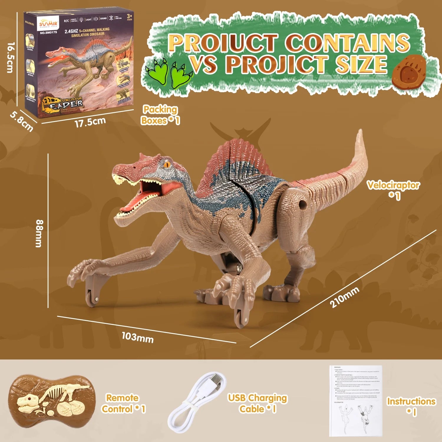 Remote Control Dinosaur Toys for Boys, 2.4G RC Dinosaur Robot with Light Sound, Kids Boy Toys Ages 3 4 5 6+ Year Old, Velociraptor Toys Christmas Gifts