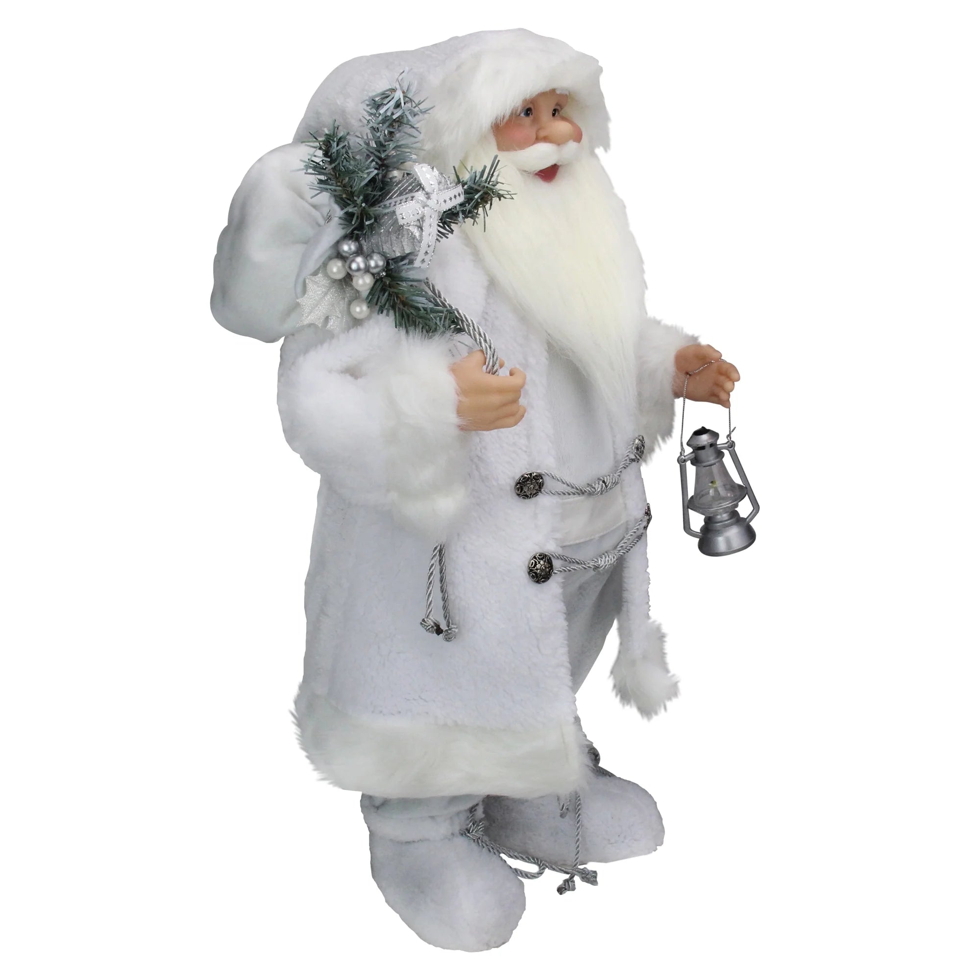 24" White Silver Santa Claus with Lantern Christmas Figure