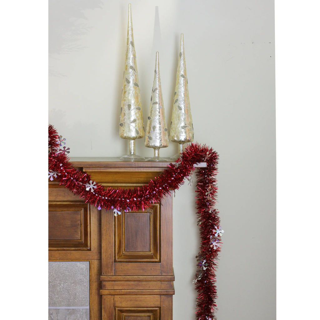 12' X 3" Unlit Shiny Red/Silver Snowflakes Tinsel Christmas Garland