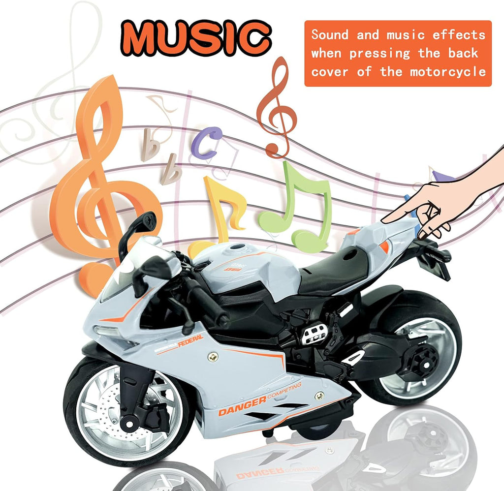 Toy Motorcycle-Pull Back Motorcycle Toy with Sounds and Lights,1:12 Scale Motorcycle Model Toy for Kids, Pull Back Vehicle Boys Kids for Age 3+ Year Old Birthday Supplies (Gray)